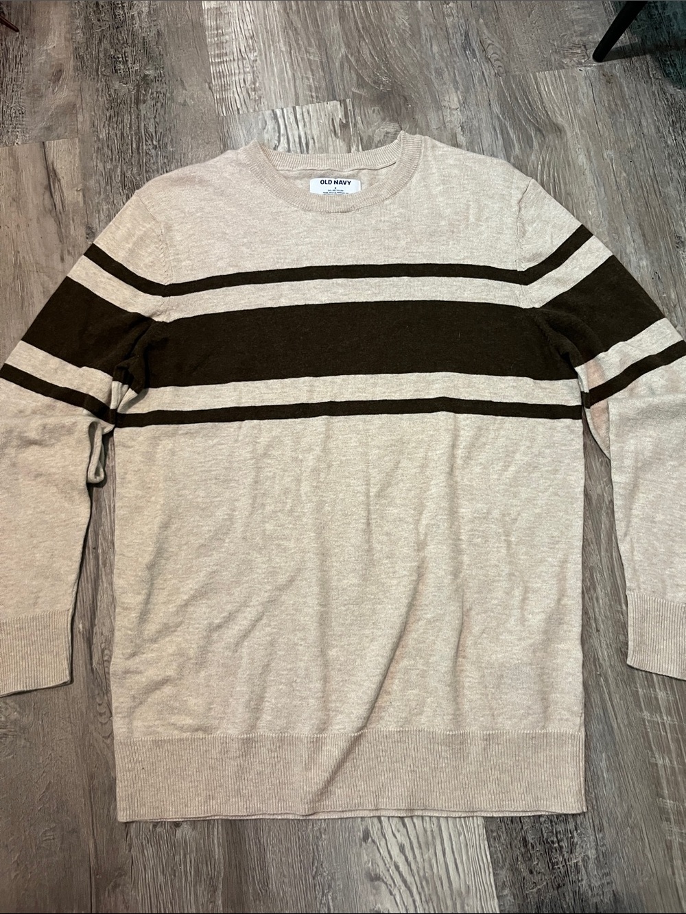 Old Navy Beige Crewneck Sweater with Dark Brown Stripes